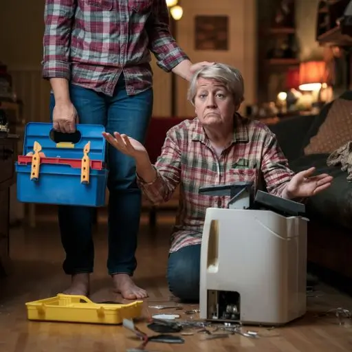 Are You a People Pleaser (5) A person standing next to a family member who's holding a broken appliance, looking unsure and holding a toolbox.
