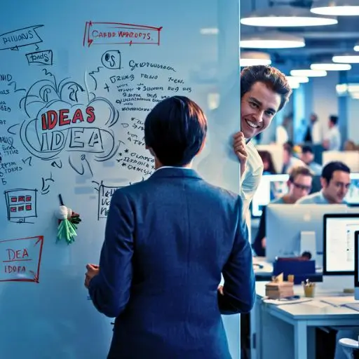 Are You a People Pleaser (8) A person standing at a whiteboard with a great idea written on it, while a coworker stands nearby, smirking and taking credit.