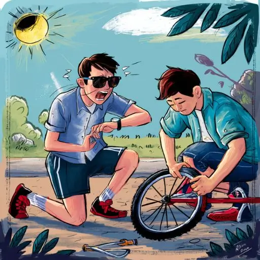 Are You a People Pleaser (9) A person frantically checking their watch while helping a friend fix a flat tire on their bike.